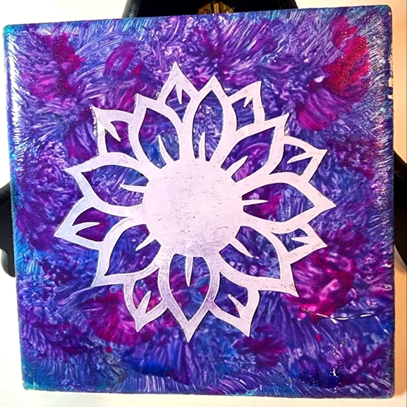 Handmade Other - Handcrafted Purple and Blue Abstract Art On Ceramic Tile